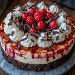 Der Dekadente Dunkle Schokoladen-Himbeer-Käsekuchen ist nicht nur ein Fest für die Sinne, sondern auch ein wahres Meisterwerk der Backkunst. Diese delikate Kombination aus cremigem Käsekuchen, reichhaltiger dunkler Schokolade und frischen Himbeeren wird sowohl Schokoladenliebhaber als auch Käsekuchen-Fans begeistern. Dieser Käsekuchen vereint die Süße und Säure der Himbeeren mit der Bitterkeit der dunklen Schokolade, was zu einem harmonischen Geschmackserlebnis führt. Egal, ob Sie ihn für einen besonderen Anlass, ein Familienfest oder einfach nur zum Verwöhnen Ihres Gaumens zubereiten, dieser Käsekuchen wird garantiert alle begeistern.