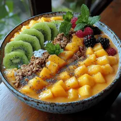 Die Hauptzutat dieser Smoothie-Bowl sind die reife Mangos, die nicht nur geschmacklich überzeugen, sondern auch zahlreiche gesundheitliche Vorteile bieten. Mangos sind reich an Vitaminen wie Vitamin C, das für ein starkes Immunsystem unerlässlich ist, sowie Vitamin A, das wichtig für die Haut- und Augengesundheit ist. Zudem enthalten Mangos Antioxidantien, die freie Radikale bekämpfen und somit zur Verbesserung der allgemeinen Gesundheit beitragen können.