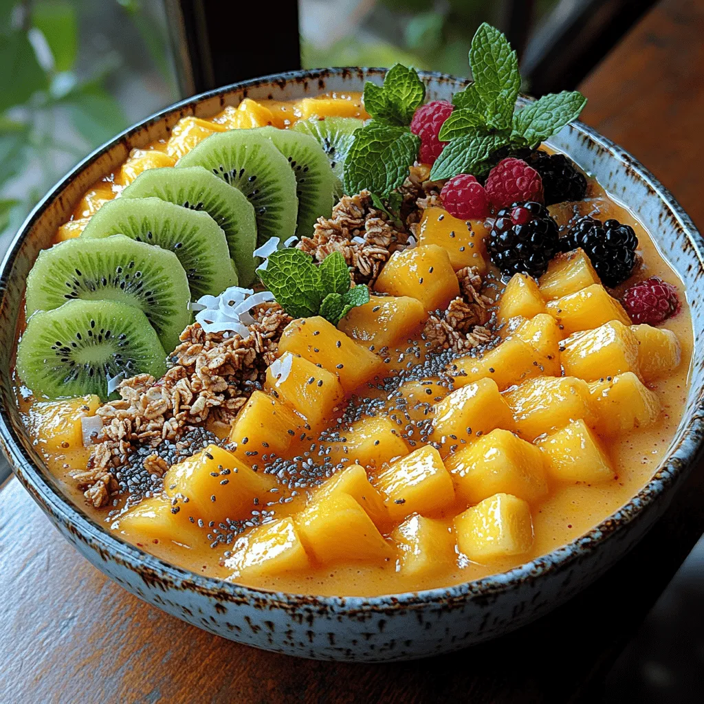 Die Hauptzutat dieser Smoothie-Bowl sind die reife Mangos, die nicht nur geschmacklich überzeugen, sondern auch zahlreiche gesundheitliche Vorteile bieten. Mangos sind reich an Vitaminen wie Vitamin C, das für ein starkes Immunsystem unerlässlich ist, sowie Vitamin A, das wichtig für die Haut- und Augengesundheit ist. Zudem enthalten Mangos Antioxidantien, die freie Radikale bekämpfen und somit zur Verbesserung der allgemeinen Gesundheit beitragen können.