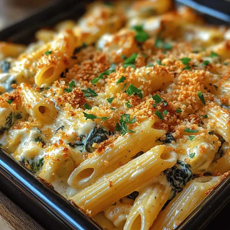 Der cremige Spinat-Artischocken-Pasta-Auflauf ist ein wahres Komfortessen, das nicht nur den Gaumen erfreut, sondern auch einfach zuzubereiten ist. Ob für ein gemütliches Abendessen unter der Woche oder für eine festliche Zusammenkunft – dieses Gericht vereint schmackhafte Zutaten in einem herzhaften Auflauf, der sowohl Kinder als auch Erwachsene begeistert. Die Kombination aus cremigem Frischkäse, mildem Sauerrahm, zartem Spinat und aromatischen Artischockenherzen sorgt für ein unvergleichliches Geschmackserlebnis, das Ihre Gäste sicherlich beeindrucken wird.