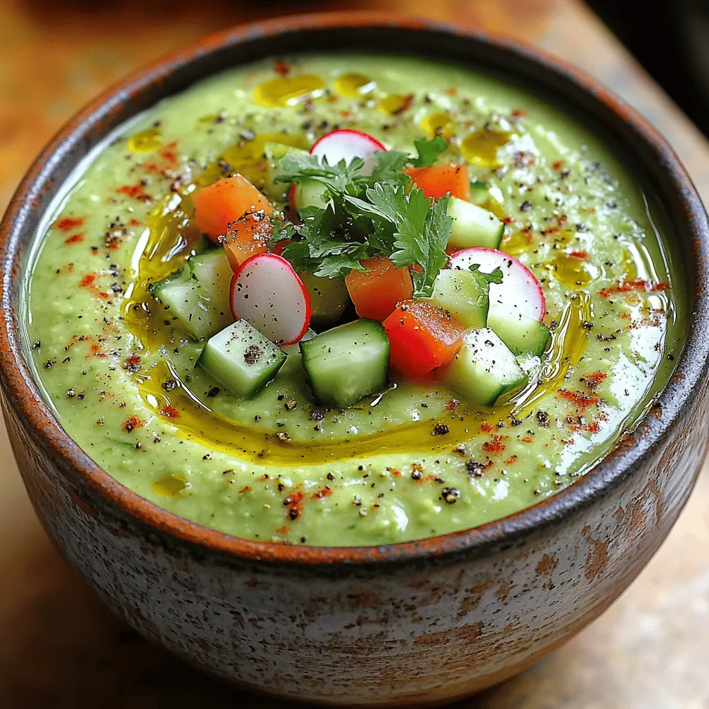 Die cremige Avocado Delight Suppe ist nicht nur ein Fest für die Sinne, sondern auch eine perfekte Wahl für heiße Sommertage oder leichte Abendessen. Diese kalte Suppe vereint die herrlich cremige Textur reifer Avocados mit der Frische von Gurken und einem Hauch von Limette. Die Verwendung von griechischem Joghurt sorgt nicht nur für eine köstliche Cremigkeit, sondern auch für eine zusätzliche Portion Protein, die Sie sättigt und gleichzeitig nährt.