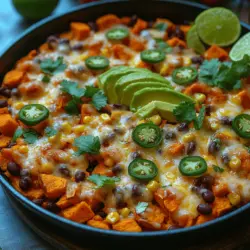 Das Sweet Potato Nacho Skillet ist nicht nur ein Genuss für den Gaumen, sondern auch eine wahre Augenweide! Diese kreative Zusammenstellung aus Süßkartoffeln und klassischem Nacho-Belag bringt Farbe und Geschmack auf den Tisch und eignet sich perfekt für gesellige Abende mit Freunden oder als köstliches Familienessen. Die Kombination aus zart gebratenen Süßkartoffeln, würzigen schwarzen Bohnen, süßem Mais und geschmolzenem Käse macht dieses Gericht zu einer nahrhaften und befriedigenden Wahl, die einfach zuzubereiten ist.