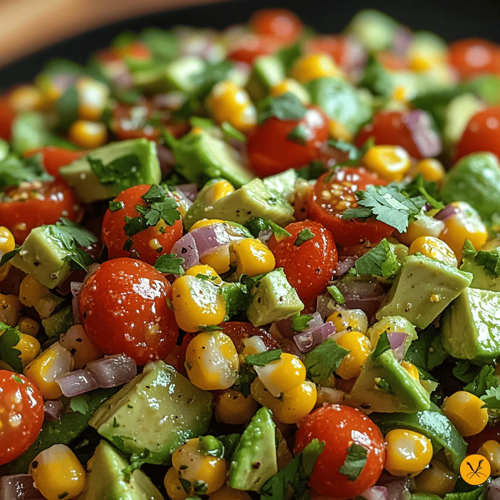 Sonnige Freude Süßer Mais & Avocado Salat ist nicht nur ein einfacher, sondern auch ein unglaublich köstlicher Salat, der die Aromen des Sommers einfängt. Dieser Salat kombiniert die Süße von frischem Mais mit der cremigen Textur von Avocado und der knackigen Frische von verschiedenen Gemüsesorten. Er ist perfekt für warme Tage, Grillabende oder als leichtes Mittagessen. Die Kombination aus verschiedenen Farben und Texturen macht diesen Salat nicht nur geschmacklich, sondern auch optisch zu einem Highlight auf jedem Tisch.