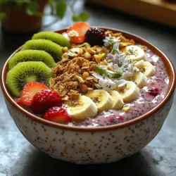 Die Helle Beeren-Chia-Smoothie-Schüssel ist nicht nur ein Genuss für den Gaumen, sondern auch eine wahre Wohltat für den Körper. Diese bunte und nahrhafte Schüssel vereint die frische Süße von Beeren mit der cremigen Textur von Bananen und der gesunden Power von Chiasamen. Perfekt für ein schnelles Frühstück oder einen gesunden Snack zwischendurch, bietet diese Smoothie-Schüssel alle notwendigen Nährstoffe, die man für einen energiegeladenen Tag braucht.