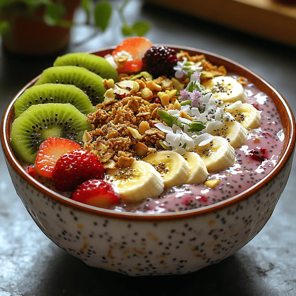 Die Helle Beeren-Chia-Smoothie-Schüssel ist nicht nur ein Genuss für den Gaumen, sondern auch eine wahre Wohltat für den Körper. Diese bunte und nahrhafte Schüssel vereint die frische Süße von Beeren mit der cremigen Textur von Bananen und der gesunden Power von Chiasamen. Perfekt für ein schnelles Frühstück oder einen gesunden Snack zwischendurch, bietet diese Smoothie-Schüssel alle notwendigen Nährstoffe, die man für einen energiegeladenen Tag braucht.