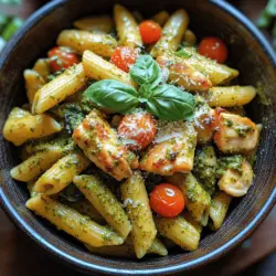 Die cremige Pesto-Hühnchen-Penne ist ein Gericht, das sowohl in der italienischen Küche als auch in der modernen Hausmannskost einen festen Platz hat. Dieses Rezept vereint die Aromen von frischem Basilikum-Pesto und zartem Hühnchen in einer cremigen Soße, die perfekt mit der al dente gekochten Penne harmoniert. Es ist nicht nur ein Fest für die Sinne, sondern auch ein wahrer Genuss für die Seele, da es die wohlige Wärme und den Komfort von selbstgemachtem Essen verkörpert.
