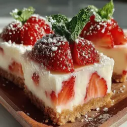 Die Berry Bliss Frozen Strawberry Cheesecake Bars sind nicht nur ein leckerer Genuss, sondern auch ein wahrer Hingucker auf jeder Kaffeetafel oder bei festlichen Anlässen. Diese gefrorenen Käsekuchenriegel kombinieren die süße Frische von Erdbeeren mit der cremigen Textur von Käsekuchen und sind besonders im Sommer ein beliebtes Dessert. Sie sind einfach zuzubereiten und bieten eine perfekte Balance zwischen Süße und Frische, was sie zu einer idealen Wahl für jede Feier macht.