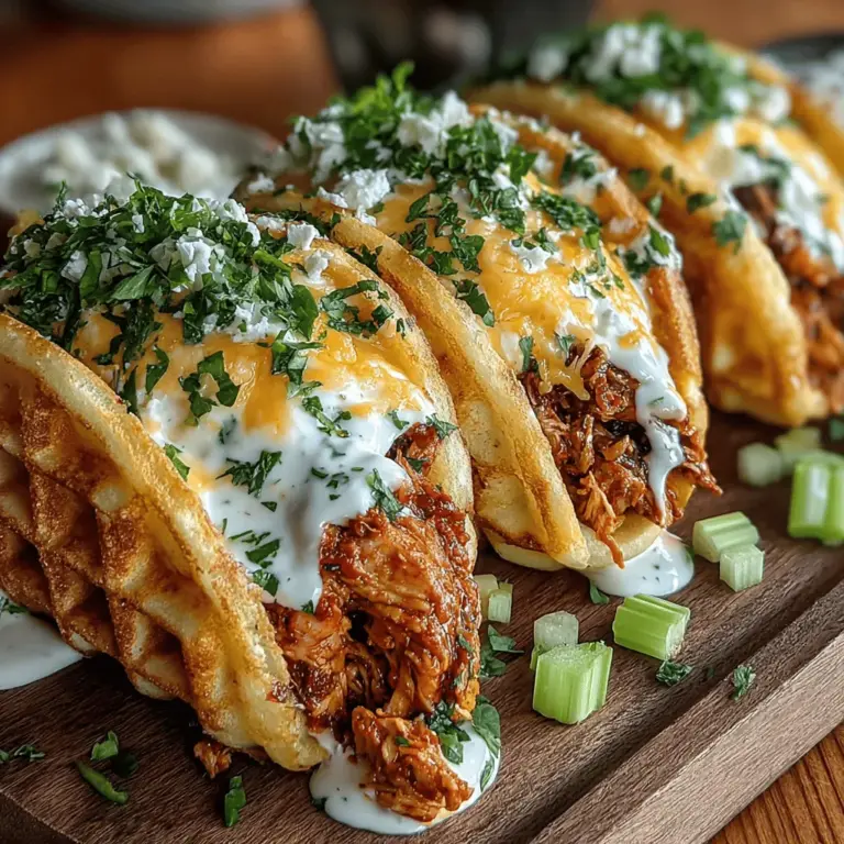 Mini Buffalo Chicken Waffle Tacos sind die perfekte Kombination aus herzhaftem Geschmack und kreativer Präsentation. Dieses Gericht bringt die traditionellen Aromen von Buffalo Chicken Wings in eine neue, aufregende Form, die sowohl für Partys als auch für ein entspanntes Familienessen geeignet ist. Die Idee, Waffeln als Taco-Schalen zu verwenden, sorgt nicht nur für einen spannenden Twist, sondern bietet auch eine köstliche Möglichkeit, das Geflügelgericht zu genießen.